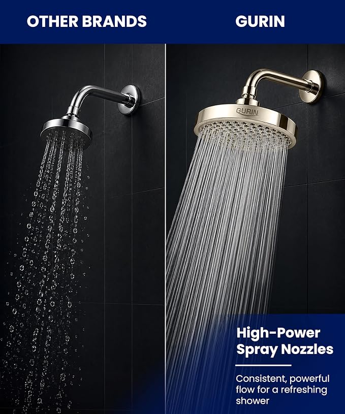 Shower Head - Luxury Brushed Nickel Finish - Rain Showerhead 6 Inch | High Pressure Shower Heads with Adjustable Angles, 90 Anti-Clog Nozzles, Tool-Free 1-Min Install