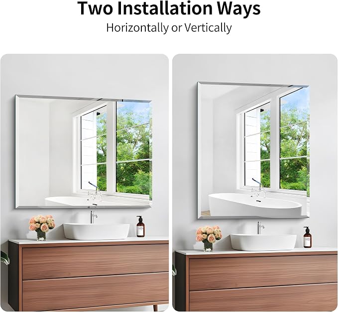 KOCUUY Beveled Mirror, 36x30 Inch Frameless Bathroom Mirror for Over Sink, Upgraded Shatterproof Beveled Unframed Design Mirror for Bathroom, Bedroom, Hang Horizontal/Vertical