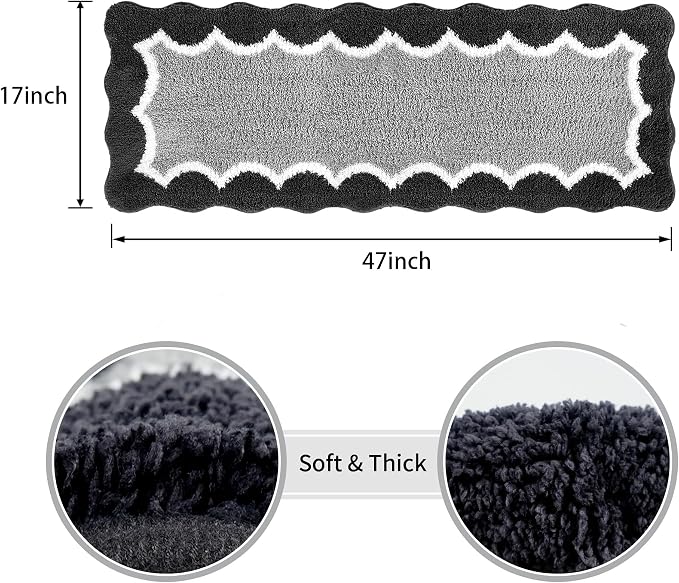 Scalloped Black Bathroom Rugs Mat,Non Slip Absorbent Quick Dry Bath Mats for Shower Room,Plush Microfiber Bath Rug for Bathroom Floor Washable Carpet for Shower Tub Sink Bedroom,17"x47"