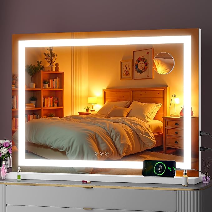 Vanity Mirror with Lights, 32" x 22" LED Makeup Mirror with 10X Magnification, Dimmable 3 Modes, Memory Function, Smart Touch, USB Charging Port, Lighted Makeup Mirror Square White