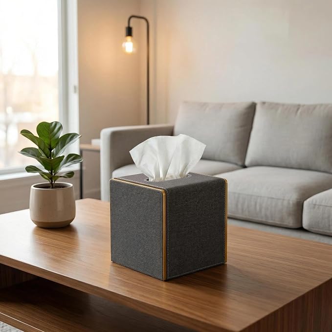 PU Leather Square Tissue Box Cover, Linen Tissue Box Holder with Magnetic Closure, Decorative Modern Cube Tissue Box for Bathroom Vanity Countertop Bedroom Office Desk (Gray)