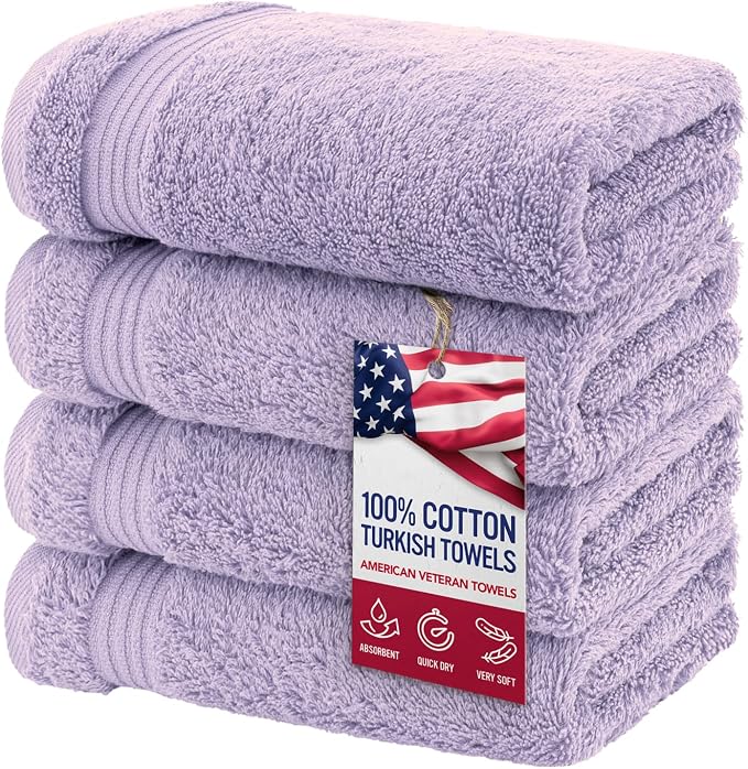 American Veteran Towel, Hand Towels for Bathroom Set of 4, 100% Cotton Turkish Hand Towel Sets, Soft Hand Face Towels, Lilac Hand Towels