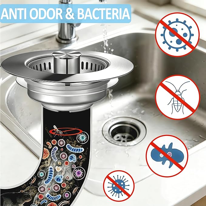 Kitchen Sink Drain Strainer for 3-1/2 Inch Drain Hole, 3-in-1 304 Stainless Steel Pop-Up Sink Strainer and Stopper with Anti-Clog Filter Basket & Food Catcher (Silver, 1 Pack)