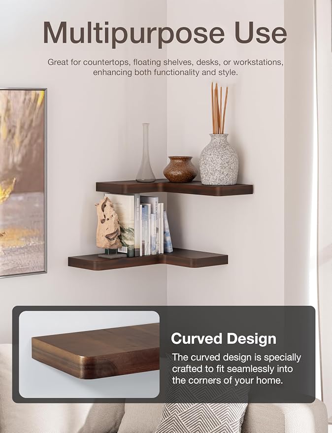 BATODA Acacia Wood Corner Floating Shelf 17” x 12”- Corner Shelf Wall Mounted - Floating Book Shelves for Wall - Corner Shelf for Home, Kitchen - with Brackets and Hardware (Walnut Color, 17" x 12")