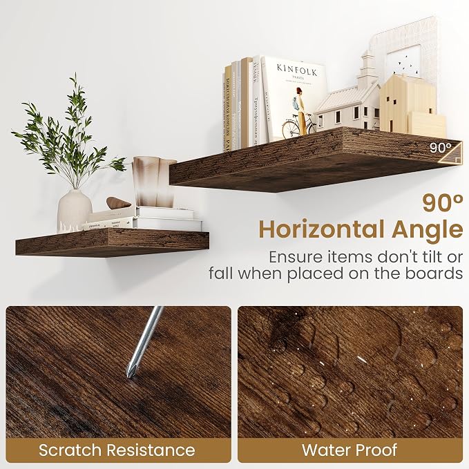 Fun Memories 40" W x 9.3" D Floating Shelves for Wall, Deep Long Floating Shelf for Home Bathroom, Bedroom, Living Room, Rustic Wood Wall Mounted Shelves for Books Decor, Rustic Brown