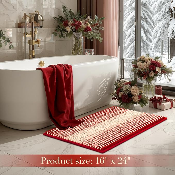 Christmats Bathroom Rug, Bath Mat Rug for Bath Christmas Decor Non Slip 17 x 24 Inches Water Absorbent Chenille Bathroom Floor Mats Machine Washable (Christmas Red)