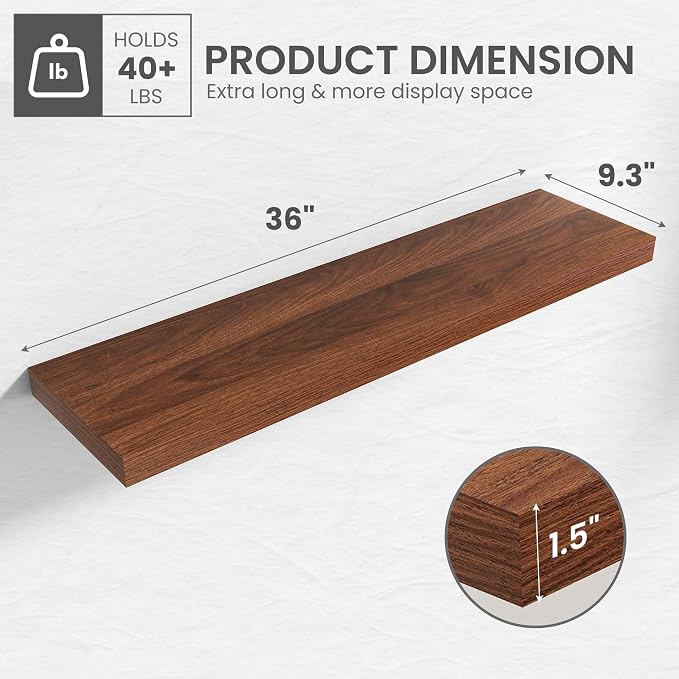 36 in Floating Shelves for Wall Decor Color Walnut,Pack 2 | Modern floating shelves for living room,bedroom,kitchen and bath.Organize & display books,photos and decor.easy mount,sturdy.