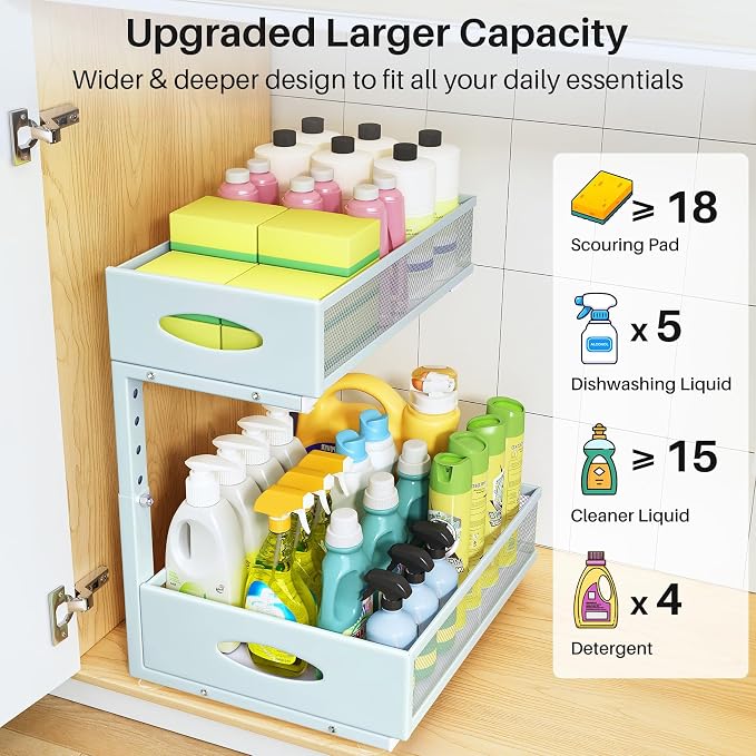 Under Sink Organizer, 2 Tier Pull Out Under Cabinet Organizer Shelf with Pad for Framed Cabinets, Metal Slide Out Under Sink Storage, Mesh Sliding Drawers for Kitchen Bathroom Laundry(Blue, 1 Pack)