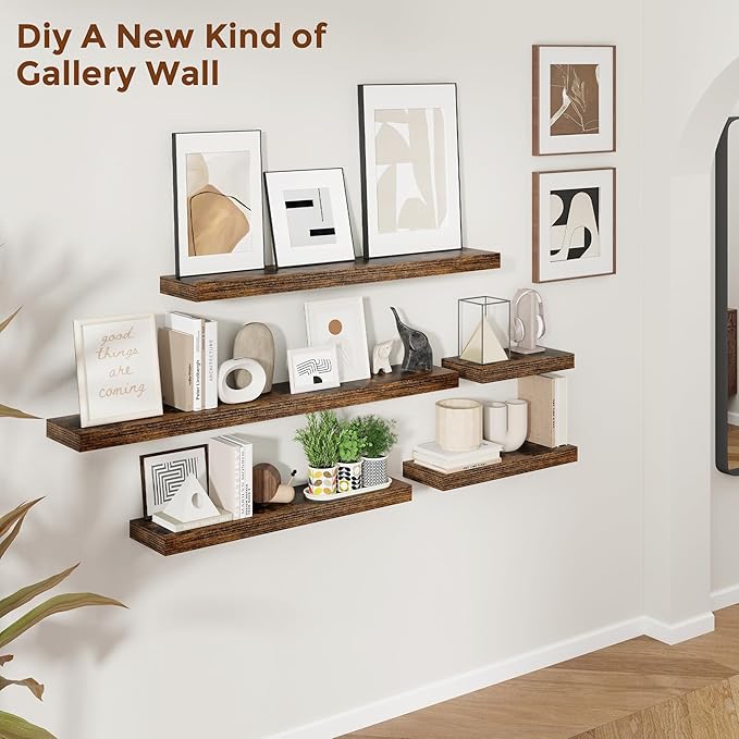 Heimlove 16 Inch Floating Shelves for Wall Set of 2, Rustic Brown Wall Mounted Wood Shelves 8 Inch Deep with Invisible Brackets for Bedroom Kitchen Living Room