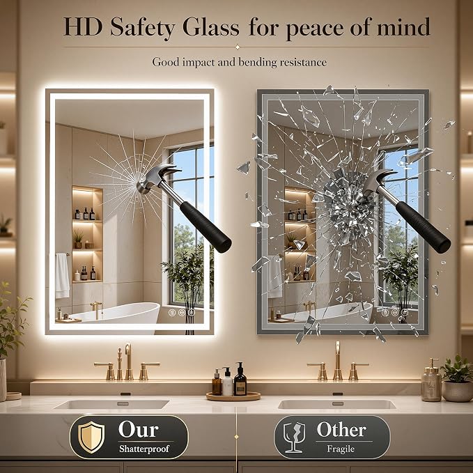 LED Bathroom Mirror, 30"x36" with Frontlit and Backlit Anti-Fog Mirror with Lights LED Vanity Mirror for Bathroom 3 Colors Temperature & Dimmable Bathroom Mirror with HD Tempered Glass