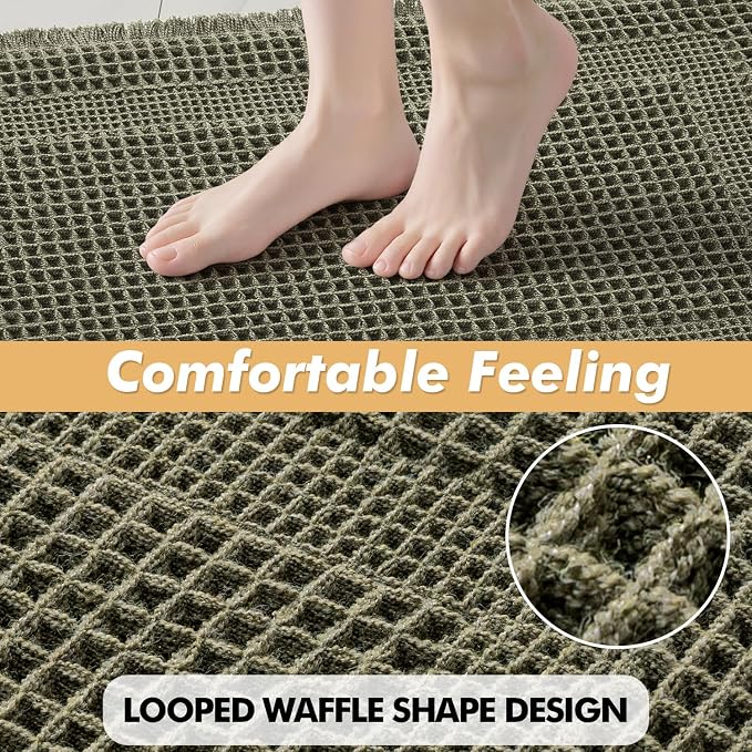 MIULEE Set of 2 Waffle Bathroom Rugs Green Boho Bath Mat 24x36 in | Looped Design, Super Absorbent, Non Slip, Washable, Ultra Soft, Rubber Backed, Bathroom Mats for Floor Tub Shower