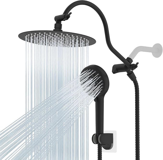 Hibbent All Metal CUPC Certified Shower Head, 10'' High Pressure Rainfall Shower Head, Handheld Showerhead Combo with 12'' Adjustable Extension Arm, 10-Spray, 71'' Hose, Shower Holder, Matte Black
