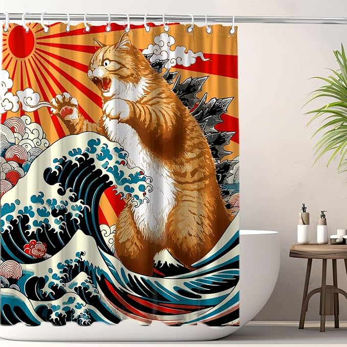 Funny Japanese Cat Shower Curtain, Vintage Orange Cat Japan Anime Ocean Wave Long Shower Curtain with Hooks, Funky Animal Sun Fabric Shower Curtains Kids Bathroom Decor 72X78inches