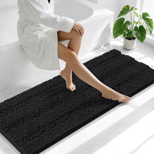 Smiry Thick Chenille Bathroom Runner Rugs 47x20, Absorbent Bath Mat, Black | Quick‑Dry & Machine Washable, Non‑Slip Bath Carpet, Soft Striped Bath Rugs for Tub & Shower, Modern Home Decor Accessories