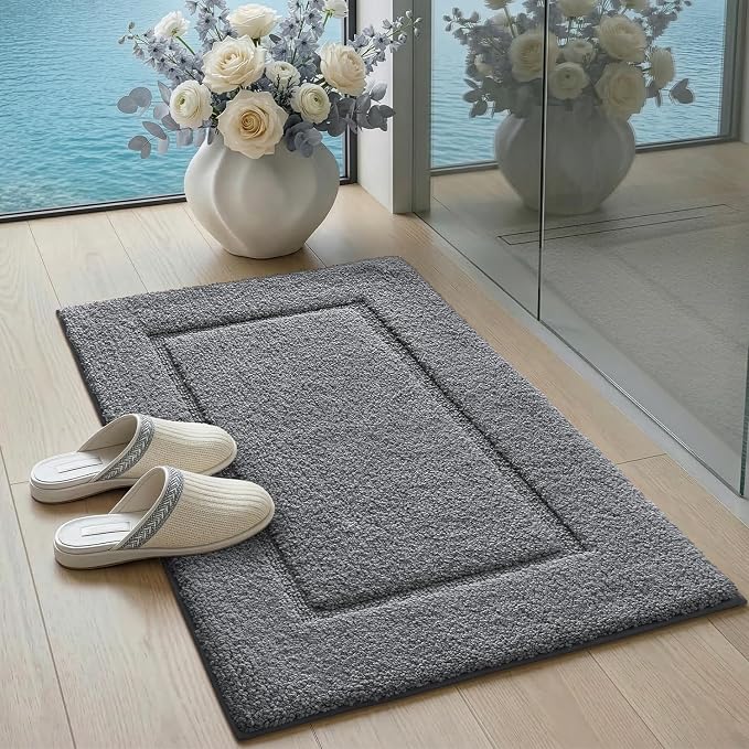 DEXI Bath Mat 24x16, Absorbent and Non Slip Bathroom Rugs, Grey | Soft Plush Microfiber Bathmat, Machine Washable & Quick Dry, Rubber Back Small Rug for Shower, Tub, Sink