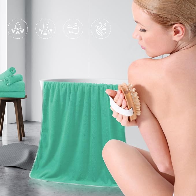 TENSTARS Luxury Silk Hemming Towel Set - Light Thin Quick Drying - 2 Bath Towels 2 Hand Towels 2 Washcloths - Ultra Soft Microfiber Towel for Bath Fitness, Sports, Yoga, Travel (Aqua Green, 6 Pieces)