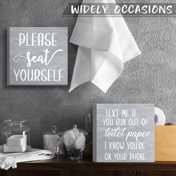 Jetec Set of 2 Farmhouse Bathroom Signs Decor Funny Rustic Wood Plaque Bathroom Wall Art Please Seat Yourself Wooden Toilet Signs for Home Restroom Shelves(Gray)