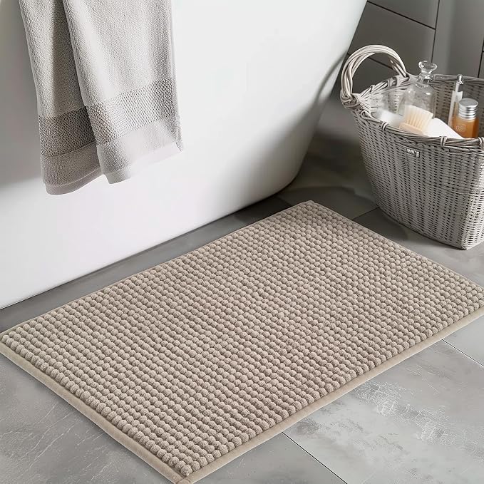 FRESHMINT Thick Chunky Chenille Bathroom Rug, Beige, 20"x32" | Non-Slip Backing, Water Absorbent Surface, Machine Washable Care, Cushioned Comfort, Bathroom Floor Use