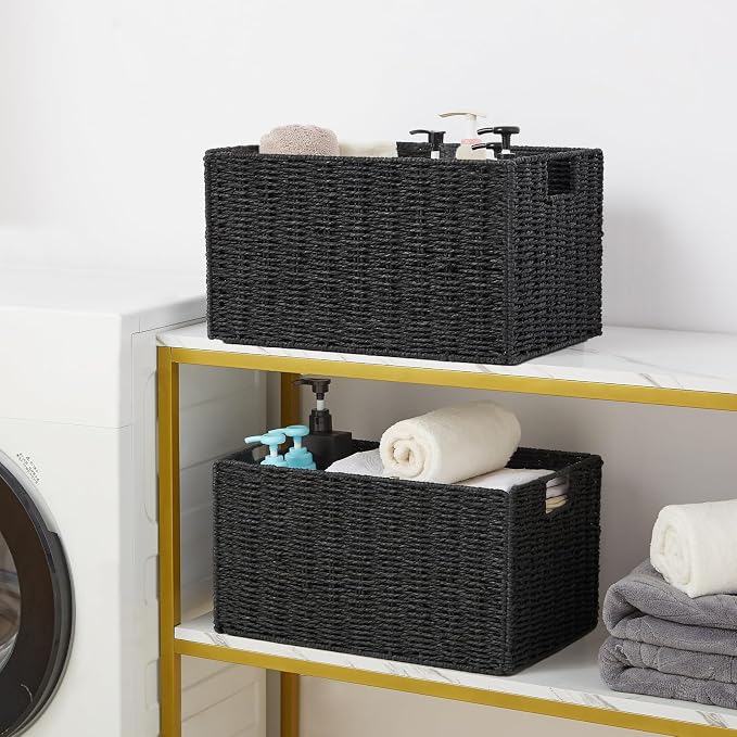 Wicker Storage Basket, Set of 2 Hand-Woven Paper Rope Wicker Basket, Small Storage Baskets for Organizing Toilet Paper Basket, Foldable Large Cube Storage Organizer Bins for Shelves (Black)