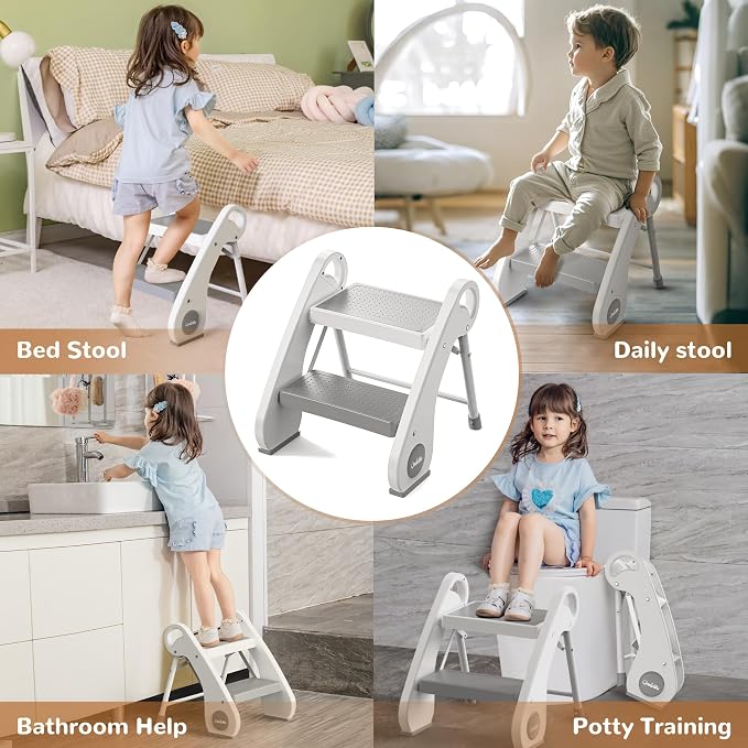 Foldable Step Stool for Toddlers (10.6" High) - Portable Mini 2-Step Steel Frame Stool for Bathroom Sink, Potty Training & Kitchen - Anti-Slip, Space Saving Travel Size, Supports 200lbs