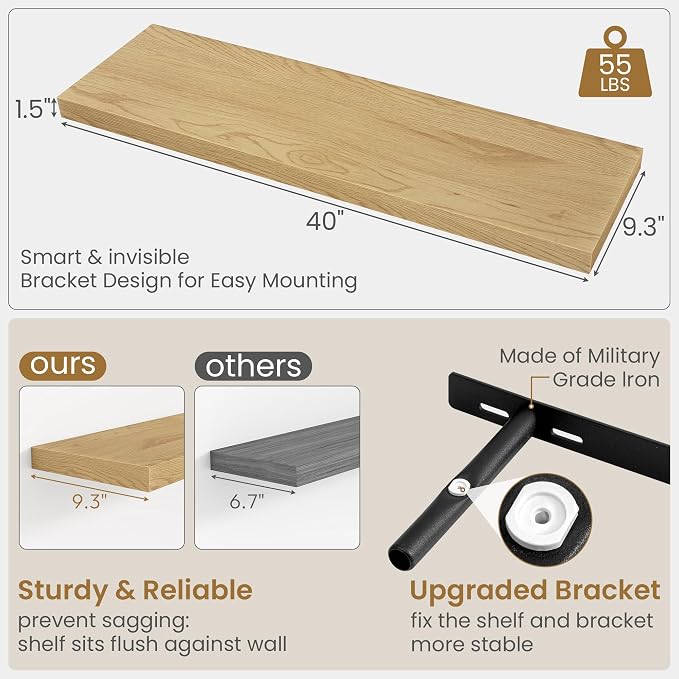 Fun Memories 40" W x 9.3" D Floating Shelves for Wall, Deep Long Floating Shelf for Home Bathroom, Bedroom, Living Room, Rustic Wood Wall Mounted Shelves for Books Decor, Oak