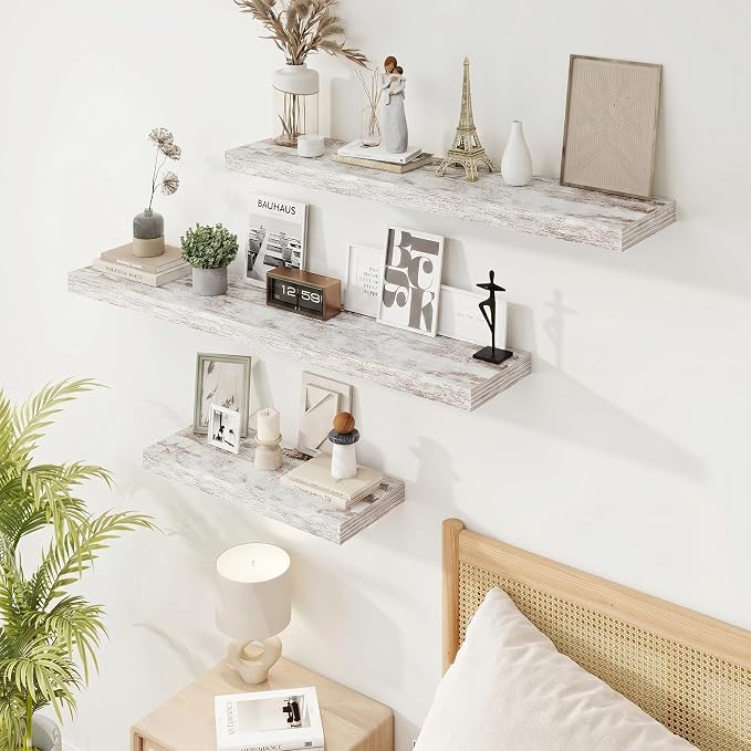 9.25in Depth 32in Floating Shelves, 32x9.25x1.4, Vintage White, Set of 2 | Wall Mounted Engineered Wood Shelves, Invisible Brackets for Living Room, Bedroom, Bathroom, Kitchen Decor and Storage