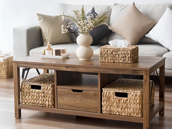 StorageWorks Wicker Basket with Lid, Water Hyacinth Storage Baskets | Woven Baskets with Lids for Shelves, Wicker Storage Baskets with Lids, Decorative Box, Lidded Baskets for Organizing, 1 Pack