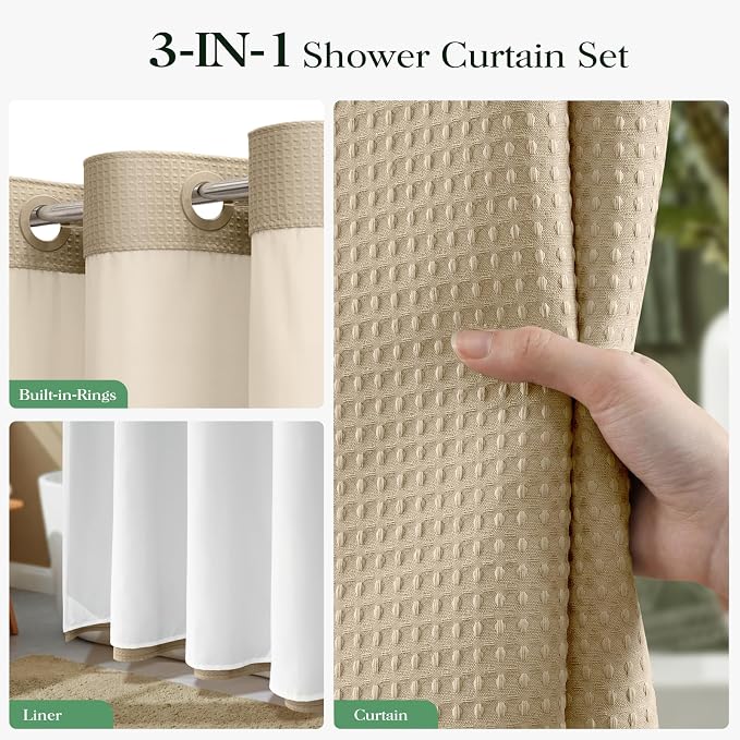 Beige Hook Free Waffle Shower Curtain & Snap-in Fabric Liner,72x75 | Less Time to install, 3 in 1 Fabric Shower Curtain and Liner Set with Magnets, Mesh Top Window, Shower Curtains for Bathroom