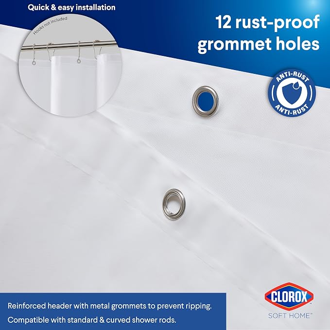 Clorox Shower Curtain Liner, Premium Medium-Weight Flexible Waterproof 6g PEVA for Bathroom with Weighted Magnets, Standard Size 72" x 72", White 2 Pack