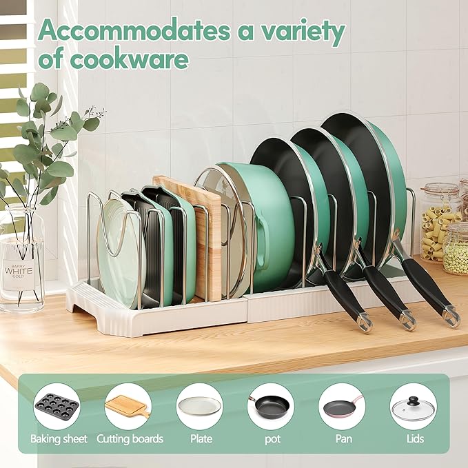 Expandable Pan Organizers Inside Cabinet with 10 Dividers White | Extends 12.9-21.9", Holds cookie sheets, cutting boards, pot lids and pans, iron dividers, plastic base, under cabinet rack