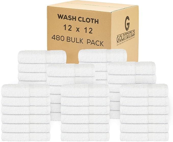 Premium White Washcloths Set - 480 Pack | 12x12 inches - Ultra Soft, Highly Absorbent - Cotton Wash Cloths - Machine Washable & Fingertips Towels (12x12, White - 480 Pcs)