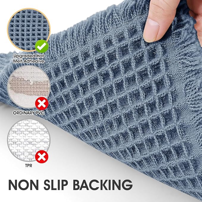 Waffle Bath Mat Set 3 Piece Blue,Woven Modern Bath Rug Mats, Absorbent Non Slip Bath Floor Mat, Soft Washable Boho Bath Rugs with Tassels for Bathroom, Bedroom, Kitchen, Tub