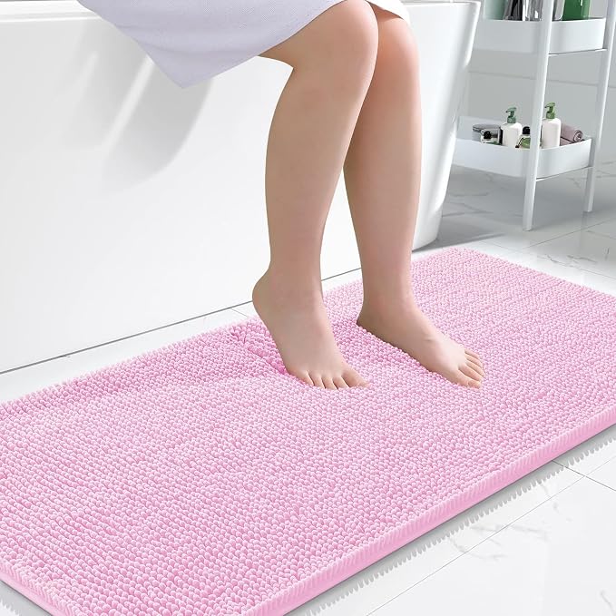 OLANLY Bathroom Runner Rugs 45x27, Extra Soft Absorbent Chenille Bath Rugs | Pink, Quick-Drying Rubber Backing, Machine Washable Long Bath Mat for Bathroom Floor, Tub and Shower, Home Decor Accessories