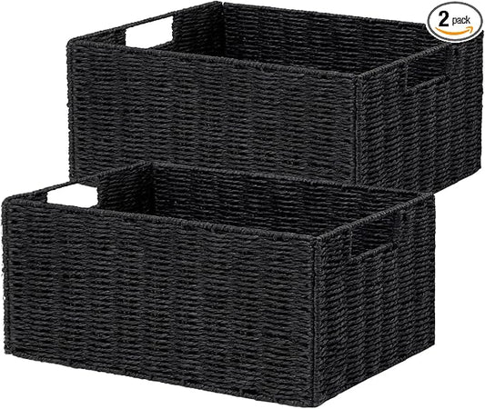 Wicker Storage Basket, Set of 2 Black Wicker Baskets for Bathroom | Hand-Woven Wicker Small Storage Baskets for Organizing Toilet Paper, Foldable Large Cube Storage Organizer Bin for Shelves