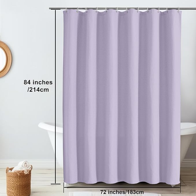 Extra Long Shower Curtain Set - 84 Inch Long Waffle Weave Heavy Duty Cloth Shower Curtain for Bathroom, Luxury Weighted 230GSM Bath Curtain Set with 12 Plastic Hooks, 72Wx84L, Lavender