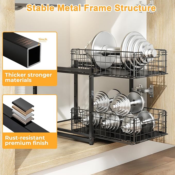 Under Sink Organizer, 2-Tier Pull Out Cabinet Organizer, Kitchen Bathroom Organizer and Storage, Spice Rack for Kitchen, Multi-use Sliding Drawers Shelves, Pack of 2
