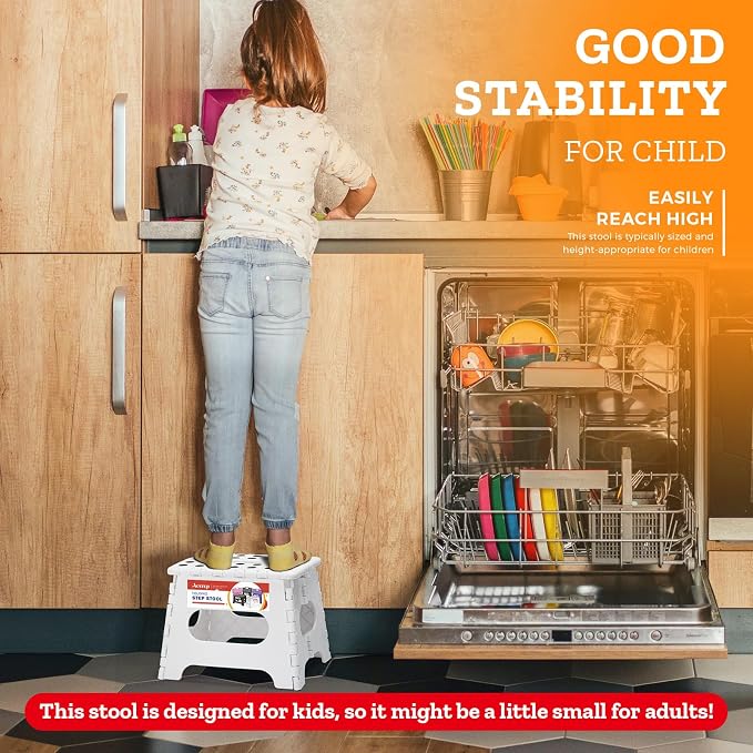 Collapsible Step Stool 7.5 Inch, Small Folding Stool, 176 lbs, White | Lightweight Foldable Step Stool for Kids and Adults with Handle, for Kitchen, Bathroom, Car, and Compact Home Storage