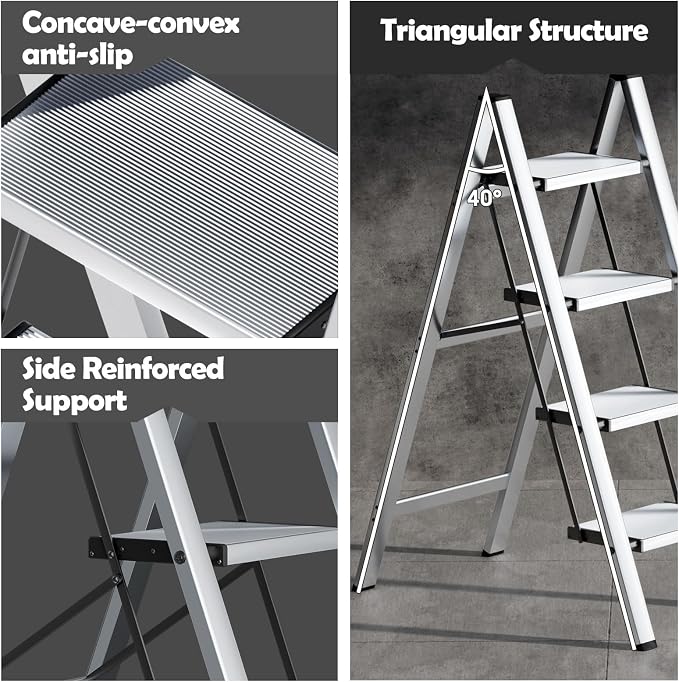 Taranta 4 Step Stool Foldable,Aluminum Step Ladder-Sliver | Lightweight,Wide Anti-Slip Pedals,Folding Step Stool,330lbs Capacity Stepladder for Household,Kitchen,Office