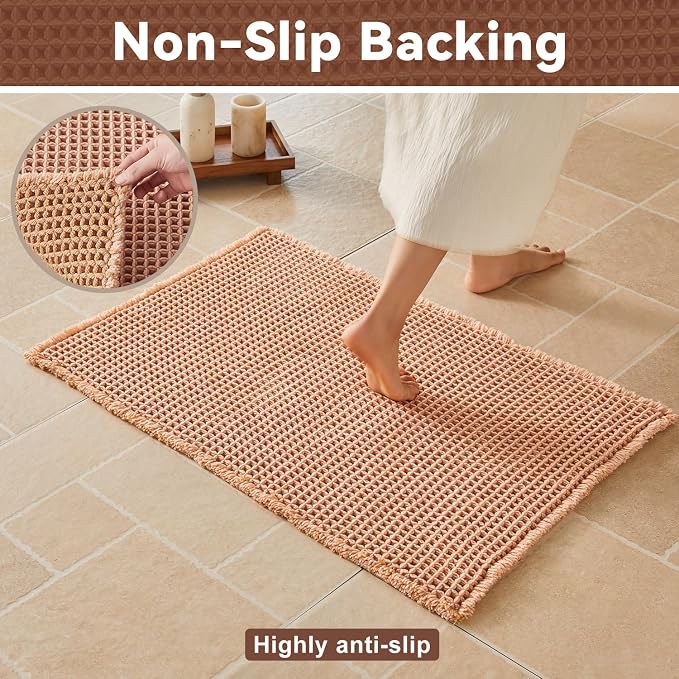 Triohero Waffle Bath Mat, Boho Bathroom Rugs Non Slip Washable, Ultra Soft Super Absorbent Quick Dry Farmhouse Bathroom Decor, 20" x 30", Light Peachy