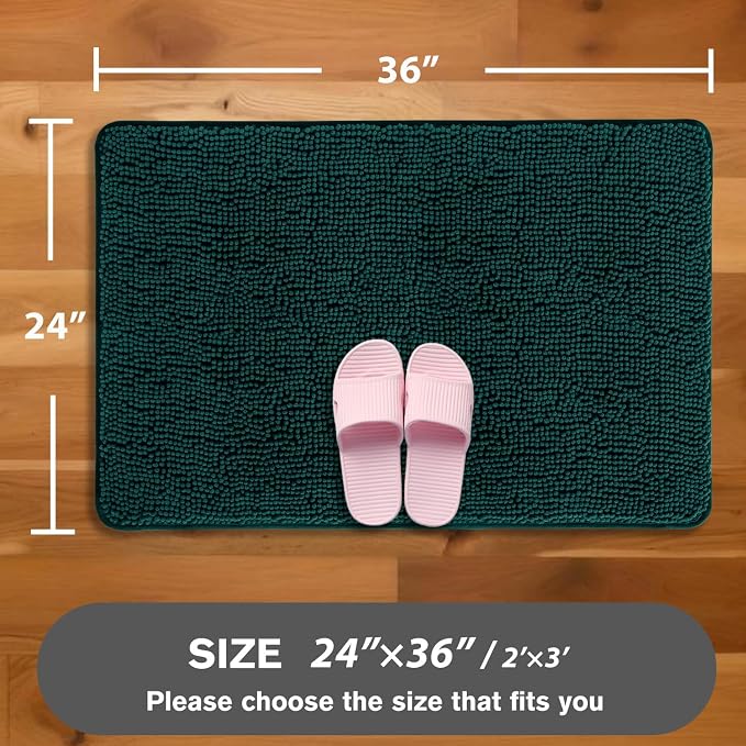 Dark Teal Bathroom Rugs – Absorbent and Washable Bath Mat, Non-Slip, Thick Soft Chenille Bath Rugs for Bathroom Floor, Shower, Sink - 24" x 36"