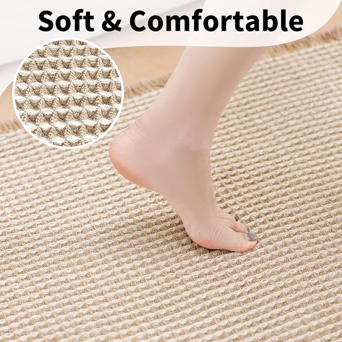 Long Bath Mat, Waffle Bathroom Runner Rug Non Slip Washable, 24 x 60 | Super Absorbent, Quick Dry Bath Runner, Soft Waffle Weave, Boho Farmhouse Bathroom Decor in Khaki and White for Sink or Tub.