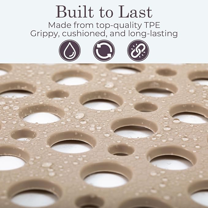 Non Slip Shower Mat for Bathtub, Beige TPE Bath Mat with Strong Suction Cups, Quick-Dry Drain Holes, Soft Textured Surface, Spa-Inspired, 30x17 Inch