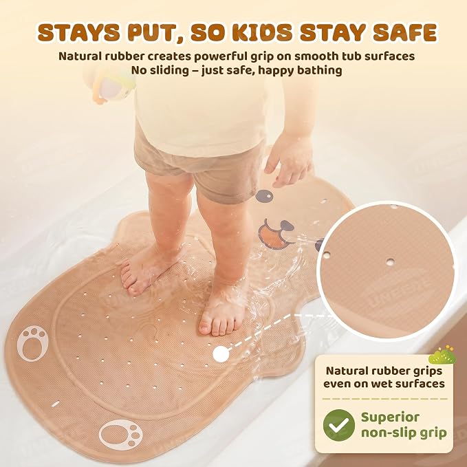 UNEEDE Non Slip Bathtub Mat for Kids | Natural Rubber Toddler Bath Mat with 126 Suction Cups and 43 Drainage Holes, Soft Machine Washable Bathroom Essentials