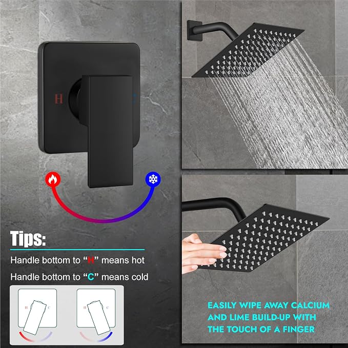 Heyalan 8 Inch Square Rain Shower Faucet Set with Valve, Matte Black