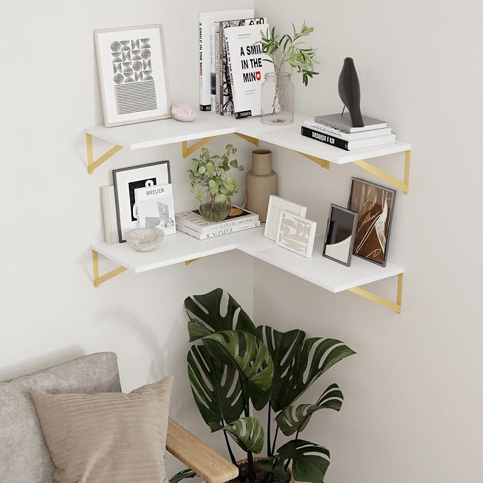 Deep Floating Shelves for Wall, 12 Inch Deep White and Gold Shelves Set of 2, 16W x 12D White Wood Wall Shelves with Golden Brackets for Bedroom Bathroom Living Room Kitchen - White & Gold
