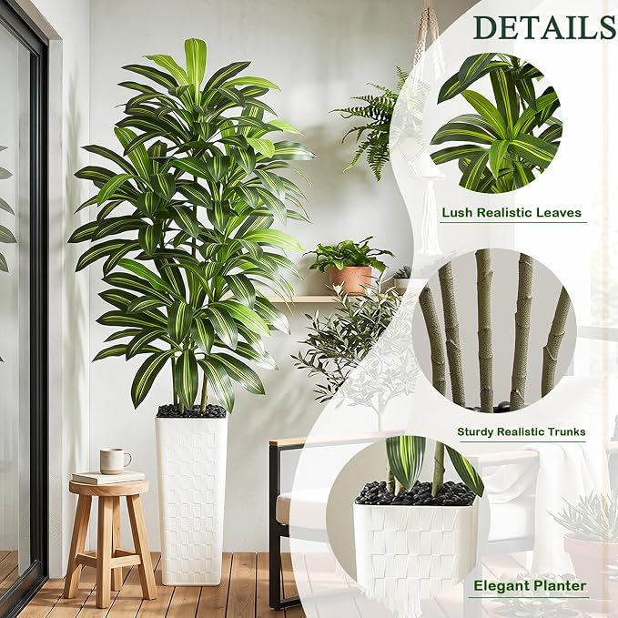 Artificial Dracaena Tree Indoor, 7FT Tall Fake Floor Plants with White Planter & Pebbles, Faux Silk Yucca Tree for Home Office Living Room Bedroom Farmhouse Modern Outdoor Topiary Tree