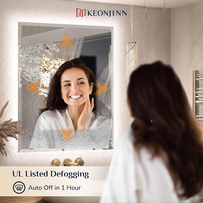 Keonjinn 42" x 36" Backlit Bathroom Mirror with Lights, Safe Tempered Glass | Beveled Edge, 3 Color Lights, Dimmable, Efficient Defogging, French Cleat, Memory Function, Lighted Bathroom Vanity Mirror