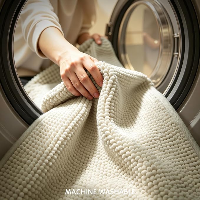 SUBRTEX Bathroom Rugs, U Shaped Chenille Bath Rug 24" x 20" Soft Short Plush Bath Mat Soft Shower Mat Water Absorbent Shower Mat Quick Dry Machine Washable, Cream White