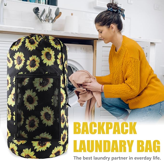 Olosar Laundry Bag Backpack, 2PCS Extra Large Travel Laundry Bag with Mesh Pocket & Adjustable Shoulder Straps,Dirty Clothes Travel Bag for College Students Dorm,Apartment(Sunflower)