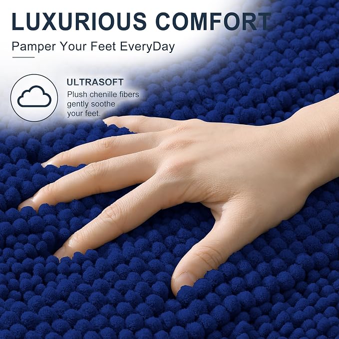 Smiry Thick Chenille Bathroom Rugs 30x20, Soft Absorbent Bath Mat, Navy | Quick‑Dry & Machine Washable, Non‑Slip Bath Carpet, Striped Bath Rugs for Tub & Shower, Modern Home Decor Accessories
